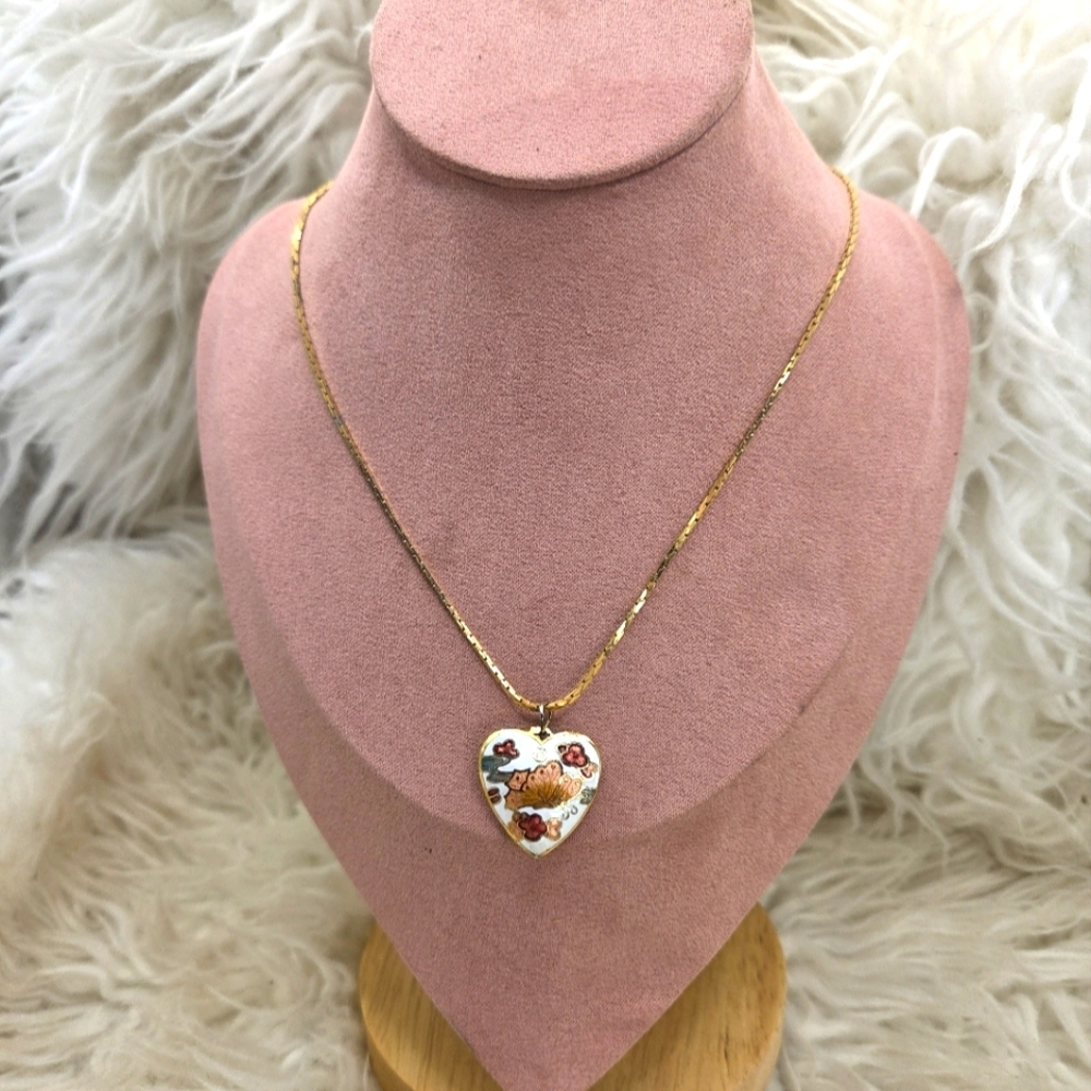 Trifari Gold Enamel Butterfly Heart Necklace Vintage